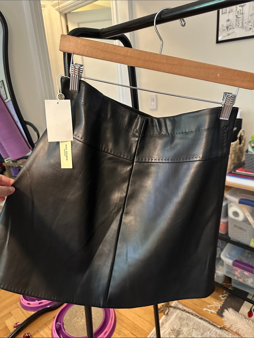 Max Studio Black Faux Leather Mini Skirt with Center Pleat
